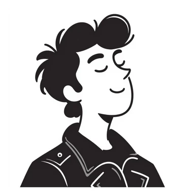 Hand-drawn portrait of a rockstar musician, face and upper body only, confident expression with half-closed eyes looking upward, knowing smirk, contemplative expression showing he's envisioning success sticker