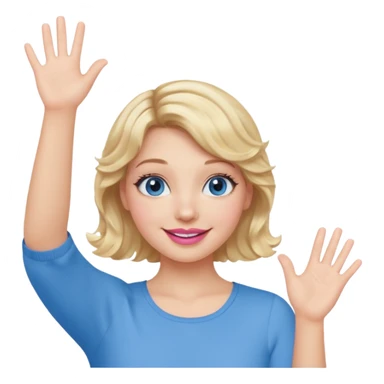 Girl Blonde short wavy hair,  blue eyes, cute blue top, long lashes, pink lips, smiling, one hand in the air sticker