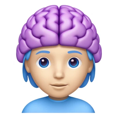 Modern 3D AI emoji, digital brain with subtle tech icons, neutral intelligent expression, blue and purple colors, clean educational style, soft lighting, transparent background. sticker