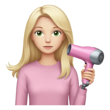 blonde woman with long hair, pale green eyes, beige sweater, holding a pink Dyson hair dryer, iOS emoji style sticker