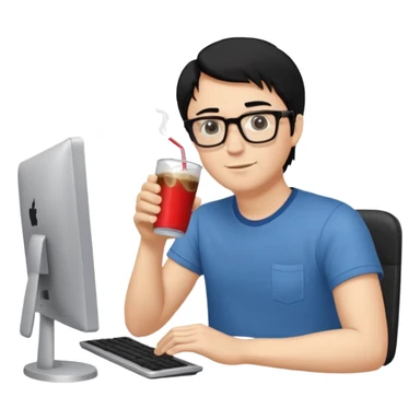 Hombre blanco con gafas, pelo negro tomando un refresco frente a un ordenador con ropa de sport, se ve en la pantalla del ordenador una mujer rubia tomando café sticker