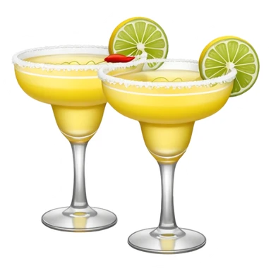 2 margarita cocktails. one is the classic margarita: yellowy with salt on the rim and a lemon. the other one is a spicy margarita: slightly more red color with a small red chili pepper instead of a lemon on the rim  sticker