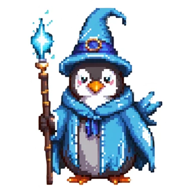 penguin wearing a wizard hat and robe, holding a magic wand sticker