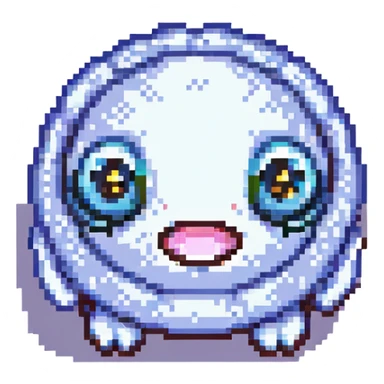 A cute and friendly cartoon character, a small round creature with big expressive eyes and a tiny mouth, with a round body and small limbs, in a pixel art style with a limited color palette. sticker