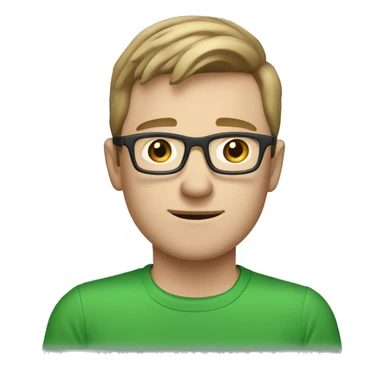 white young man with ligth brown hair and square glasses and blue eyes wearing green t-shirt using laptop  sticker