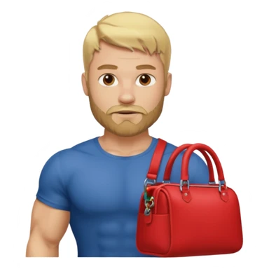 a muscular man wtih a blond short hair and beard doing number 2 in a red bag sticker