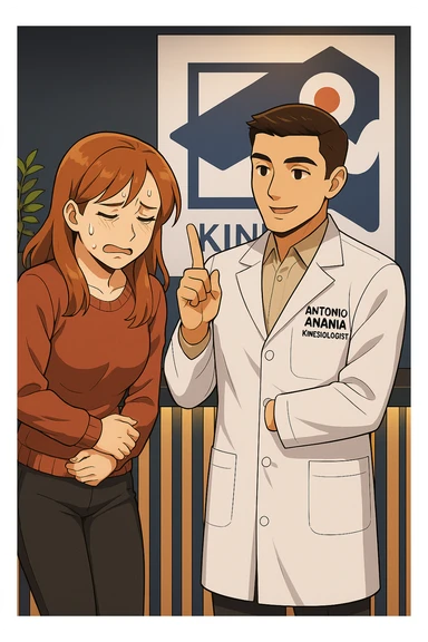 su questo stile fai un manga/webtoon a colori in cui una donna PREOCCUPATA FA UNA DOMANDA ALL'UOMO, l'uomo della foto in stile manga LE DICE DI "NO" CON IL DITO, mantieni un ambiente simile alla foto che ho allegato con il suo logo (sarebbe il suo studio, lui è un kinesiologo), scrivigli "ANTONIO ANANIA" sul camice bianco, non mettere fumetti, ma fai in modo che sembri che la donna CHIEDA ALLARMATA E L'UOMO LA TRANQUILLIZZI sticker