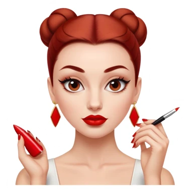Auburn white girl with red lips. Slicked-back bun, winged liner sharp enough to cut, red nails, and a tiny top sticker