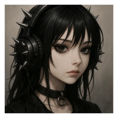 goth headphones, black with silver spikes, realistic anime style sticker