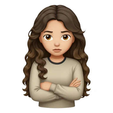 Hispanic light tan girl with long dark wavy hair pouting and arms folded. Wearing a long sleeve. Hair with middle part. sticker