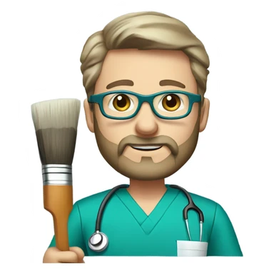 male dark blond with grey beard doctor with blue-green eyes and glasses in teal scrubs holding a paintbrush and a paint palette sticker