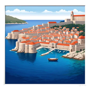 Dubrovnik – Cinematic Realistic Dubrovnik, depicted as a stunning coastal city with red-tiled roofs and ancient stone walls, set against the deep blue Adriatic Sea under warm Mediterranean light, rendered with rich textures that capture its enchanting beauty. sticker