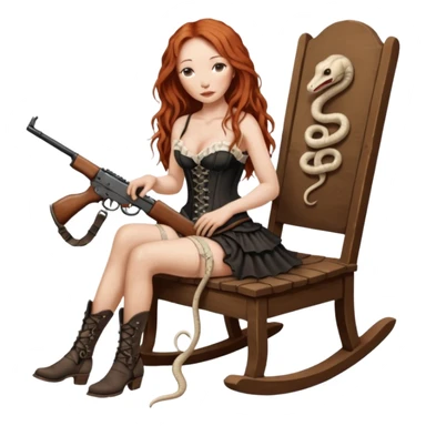 realistic cinematic Tori Amos sits on a rocking chair in a torn corset, holding an antique rifle and her bare feet are muddy. A white snake is wrapped around the chair. sticker