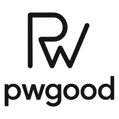 minimalist logo for 'pwgood' featuring an abstract symbol with clean lines, black and white color scheme sticker