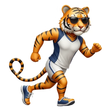 energetic anthropomorphised tiger in sports clothes, wearing dark sunglasses, walking upright, dynamic pose sticker