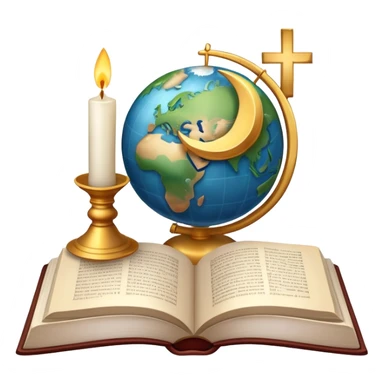 An icon featuring a holy book, a candle, and a cross, symbolizing religious studies. The design includes a globe with various religious symbols: a crescent moon and star (Islam), a lotus flower (Buddhism), representing global belief systems. Transparent background. sticker