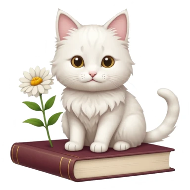 A white fluffy cat sits on top of a beige book + flower sticker
