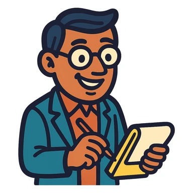 therapist cartoon character with glasses and notepad, smiling and writing sticker