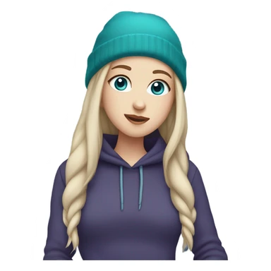 White girl, blue eyes, long teal hair, purple beanie hat, black hoodie, blue jeans, black shoes sticker