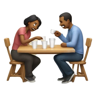 An emoji of a family—mother, father, and child—sitting at a table, playing a cup game with paper cups arranged on the table as they have fun together sticker