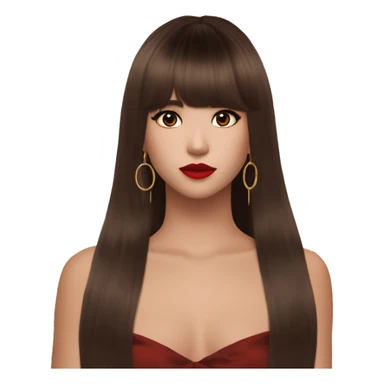 pretty girl with hair reaching below armpits with curtain side bangs styled like Lalisa Style hair during Rockstar MV, brown eyes, red lips, dark chocolate brown hair, hoop earrings  sticker