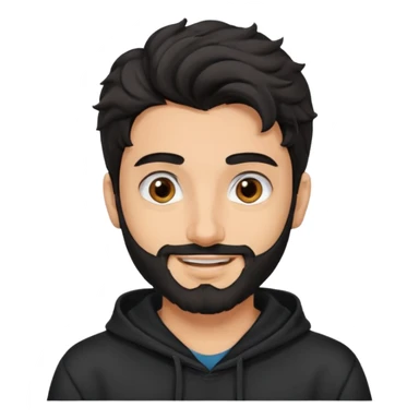 young fair skin pakistani guy smiling with black beard, wavy hair pushed back and brown eyes and big eyebrows, wearing black hoodie sticker
