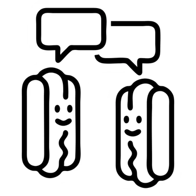 two hotdogs talking to each other, each with a speech bubble, outlined cartoon style, simple and bold sticker