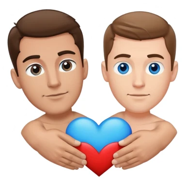 Gay mail couple, tall Latin man and shorter white man. White man with medium brown hair and blue eyes  Latin man is muscular. Draw these characters in an cartoon style and place them together in a heart filled background  sticker