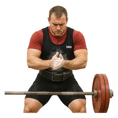 European powerlifter in competition, preparing with chalk on hands, focused look, barbell in front, tense atmosphere, isolated on white background sticker