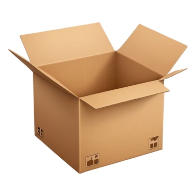 empty cardboard box, open top, brown color sticker