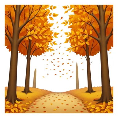 A peaceful autumn scene with golden and orange leaves gently falling from tall trees, soft sunlight filtering through the branches, leaves covering the ground, a gentle breeze in the air, cinematic atmosphere, warm color tones, 4K, ultra detailed, hyperrealistic, dreamy fall season landscape sticker