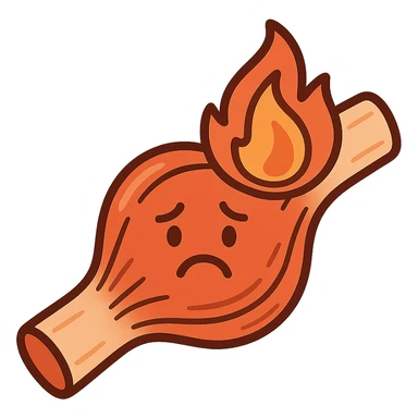cartoon icon of an inflamed muscle or joint with a fire symbol, sad face, orange-red color palette, medical cartoon style sticker
