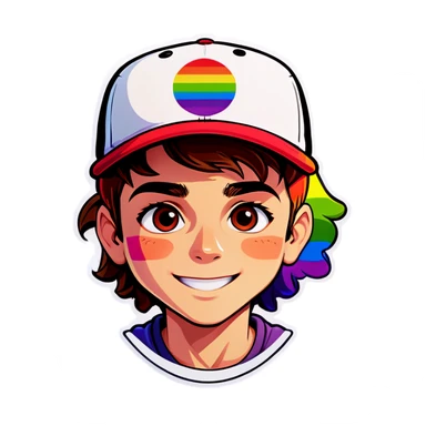 Boy wearing baseball hat in rainbow pride  sticker