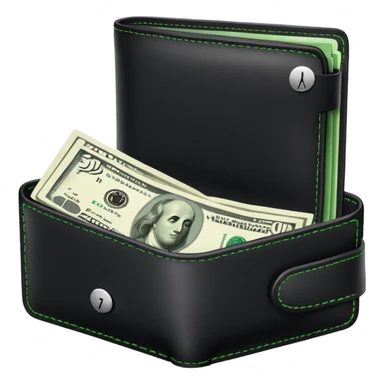 black wallet with green dollar bills visible inside and a small clock in top right corner positioned over the wallet sticker