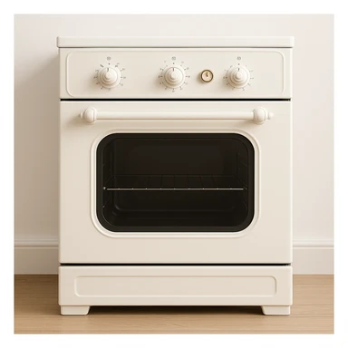 white kitchen oven, classic style, with knobs and oven window sticker