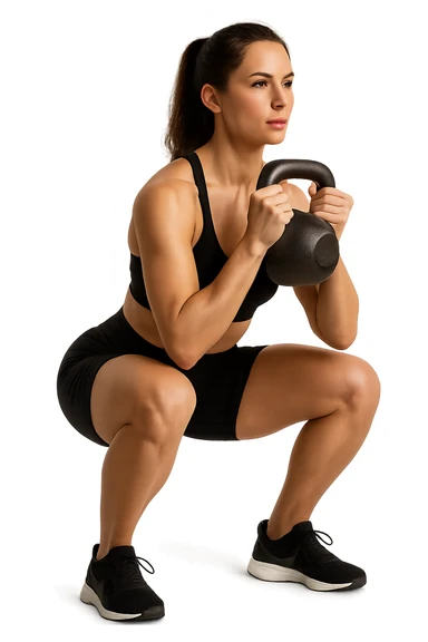donna fitness in forma con kettlebell mentre fa uno squat, isolata su sfondo bianco sticker