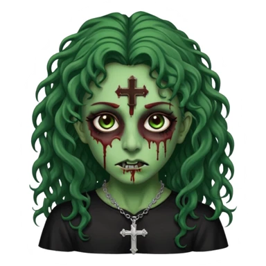 Zumbi verde com olhos castanhos aspecto de que tá sangrando, com cabelo castanho cacheado longo um piercing do lado esquerdo do nariz, roupa preta e crucifixo como colar, e também delineador  sticker