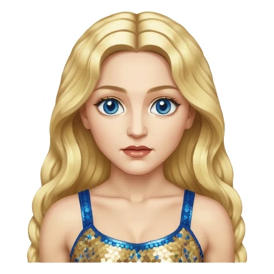 Madonna with blonde long hair, gold sequin crop top, blue eye sticker
