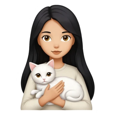 A girl with long black hair holding a white cat sticker