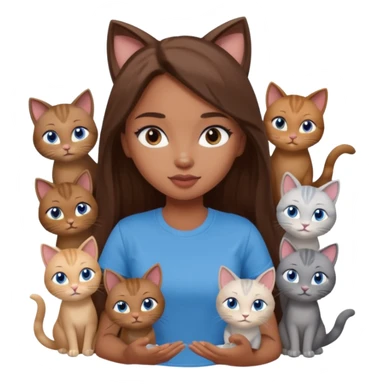 a pretty bratz dusky girl with long brown hair, blue eyes with six cats nd wearing a grey tshirt sticker