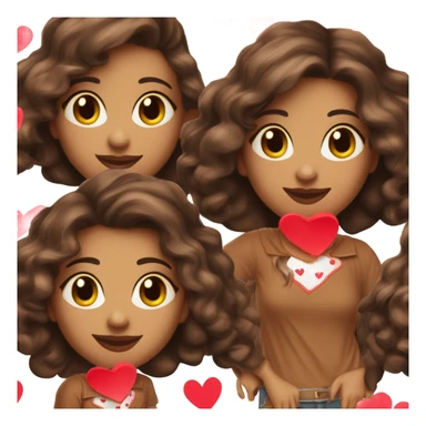 brown lady smiling, medium brown long wavy hair, bright red lips, eyelashes, wearing red “happy Valentine’s Day” t shirt sticker