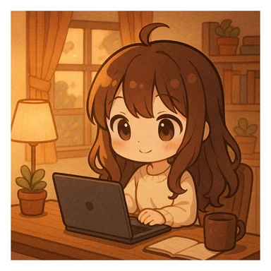 Add a laptop on the desk in front of the chibi girl, keeping the warm atmosphere. sticker