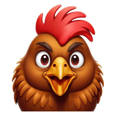 Cinematic Comical Brown Chicken Portrait Emoji, Head tilted dramatically with an exaggeratedly amused expression, featuring a striking, glossy brown plumage with a vibrant red comb, wide, expressive beady eyes filled with playful disbelief, Simplified yet hilariously expressive features, highly detailed, glowing with a slightly sassy glow, high shine, dramatic yet playful, stylized with an air of cheeky mischief, bright and endearing, soft glowing outline, capturing the essence of a spirited and over-the-top chicken, so meme-worthy it feels like it could cluck its way into internet fame instantly! sticker