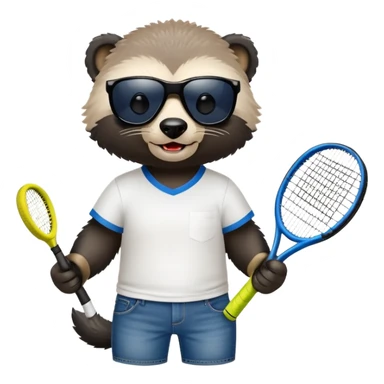 mischievous anthropomorphised honey badger in jeans and a t-shirt, wearing sunglasses, holding a tennis racket sticker