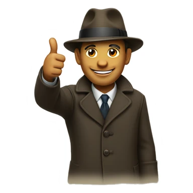 a  man in a hat and overcoat showing a thumbs up sticker