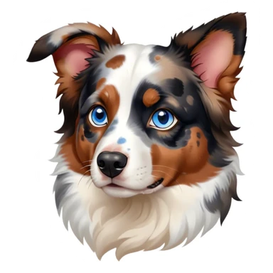 Cinematic Noble Calico Australian Shepherd Portrait Emoji, Poised and regal, with a strong, agile build and a predominantly white coat with calico merle markings of tan, black, and red, piercing blue eyes, Simplified yet sharp and sophisticated features, highly detailed, glowing with a soft, dignified glow, high shine, intelligent and loyal, stylized with an air of elegance, focused and attentive, soft glowing outline, capturing the essence of a watchful and confident herder, so majestic it feels as though it could step out of the screen with effortless authority! sticker