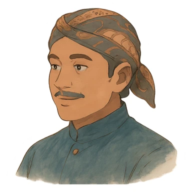 Ghibli style soft colors portrait of a Javanese man wearing a blangkon sticker
