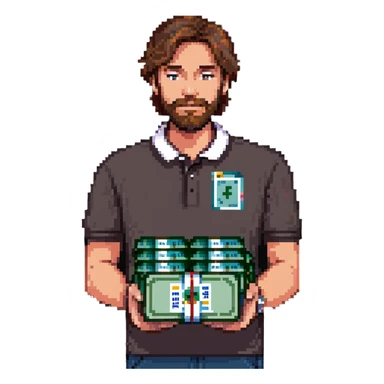 bearded brown-haired man in a polo shirt holding bundles of bills sticker