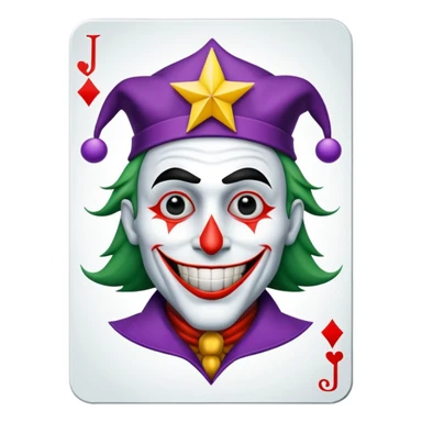 1 poker card, squared, with crazy colorful human jolly joker inside, star symbol with a "J" sticker