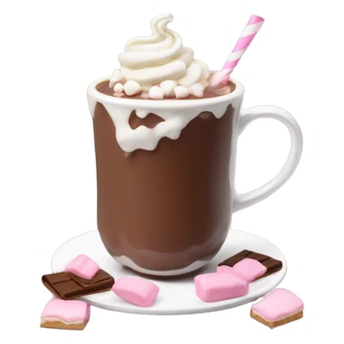 Hot chocolat with a pink cup with marsmellows and wipped cream sticker